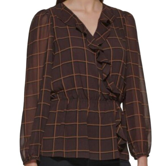 Calvin Klein Woman's Brown Printed Faux Wrap Top Blouse, Size S - Picture 1 of 4